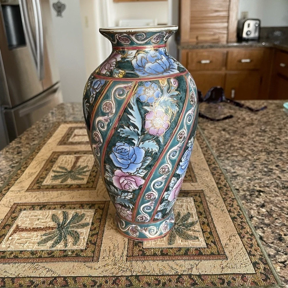 Vintage Cloisonné Vase, Andrea By Sadek Hand Painted Floral Design.